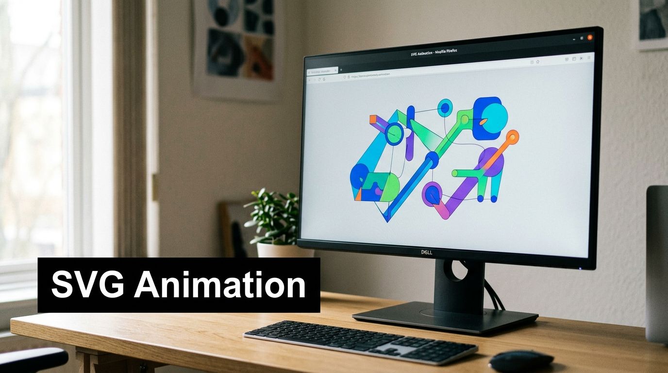 A modern computer monitor displaying a colorful SVG animation design on a clean wooden desk setup.
