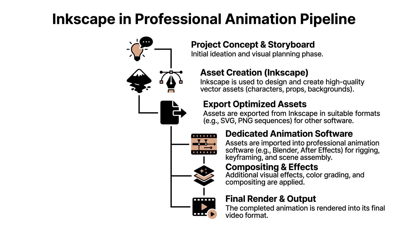 A flowchart diagram illustrating how Inkscape is used for asset creation in a professional animation pipeline.