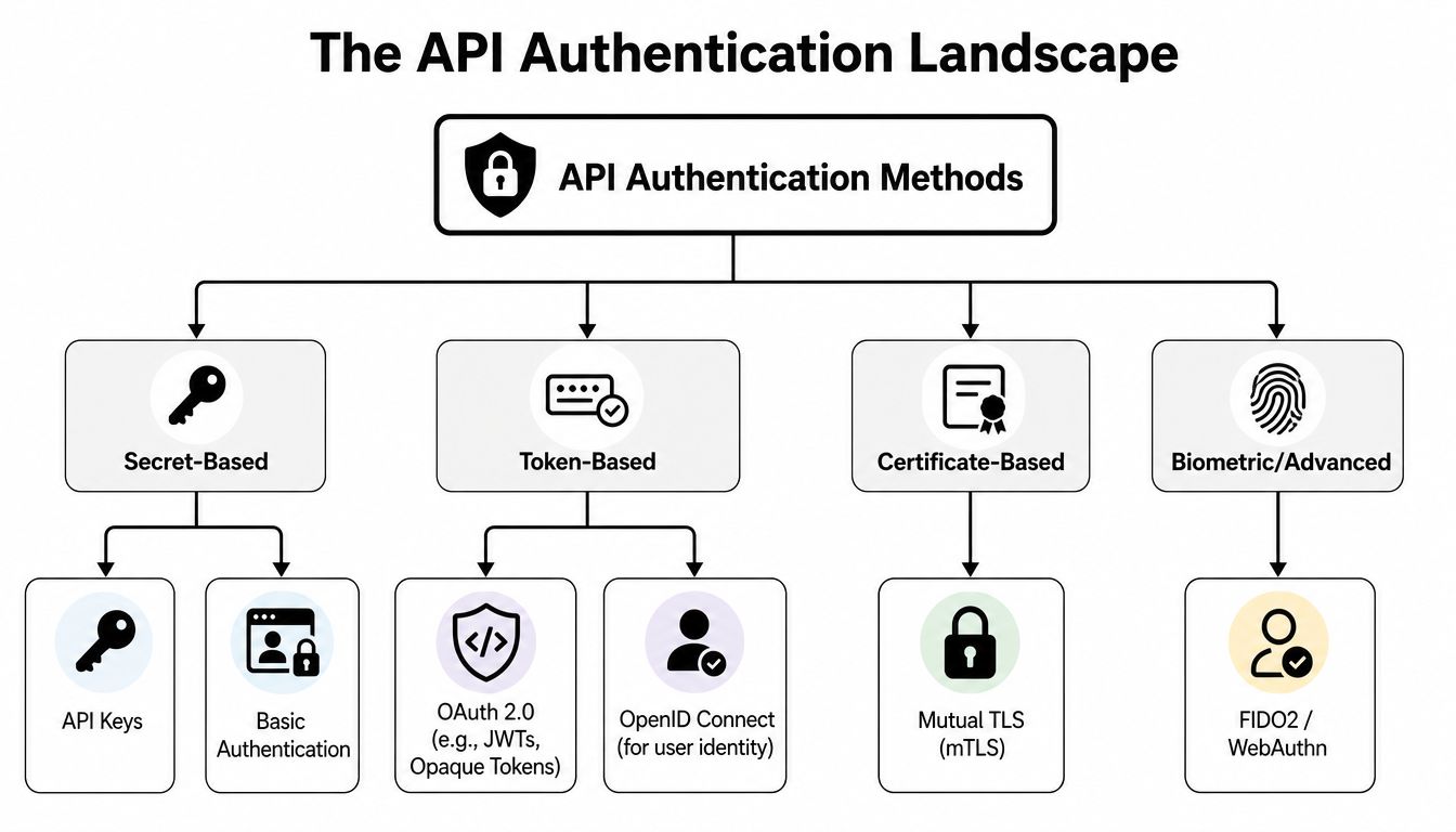 A diagram illustrating various types of API authentication methods categorized by security approach and technology used.