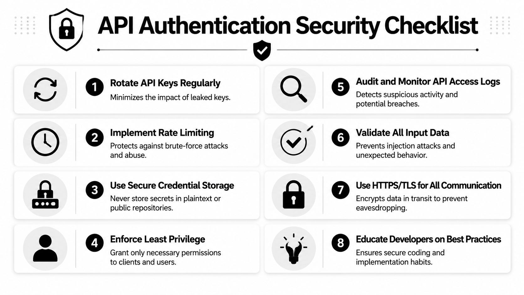 An infographic titled API Authentication Security Checklist listing eight essential best practices for securing API-based applications.