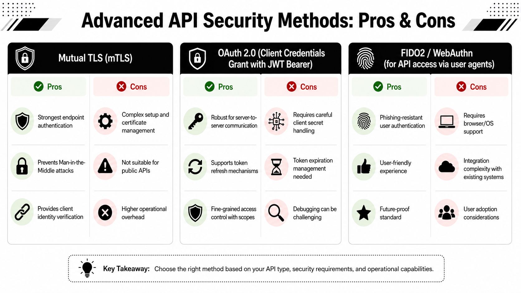 A comparison chart outlining the pros and cons of mutual TLS, OAuth 2.0, and FIDO2 security methods.