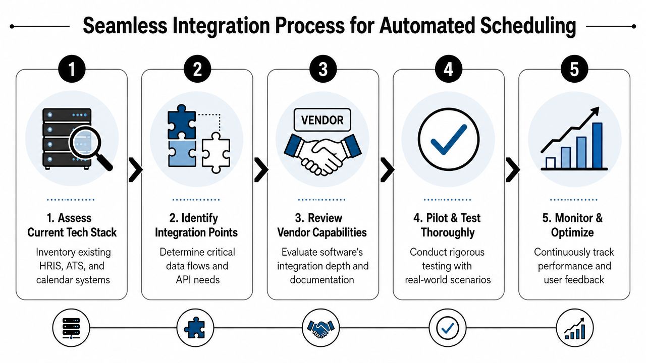 A five-step flowchart illustrating the seamless integration process for automated interview scheduling software systems.