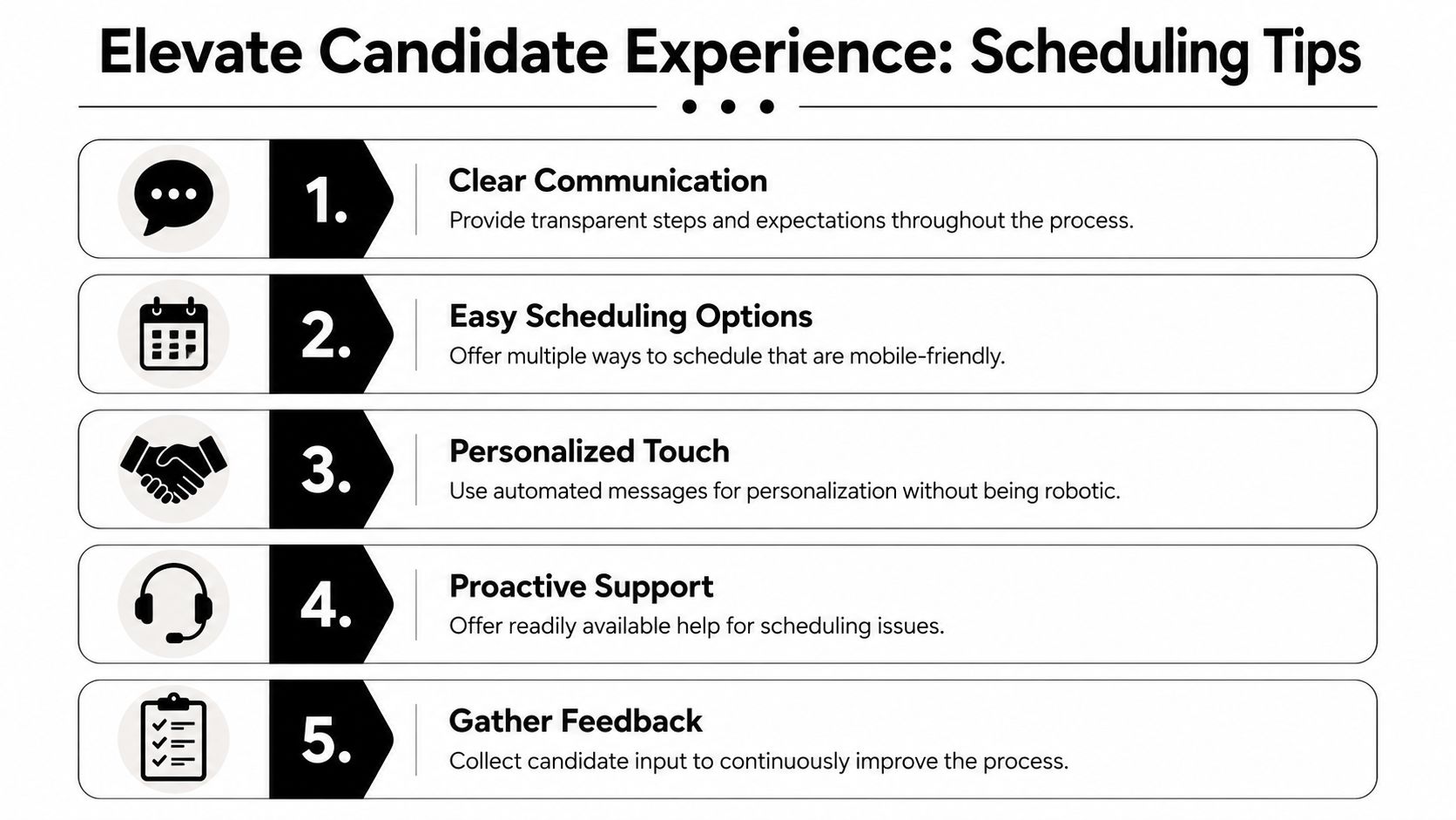 A list of five tips to improve candidate experience during the interview scheduling process for recruiters.