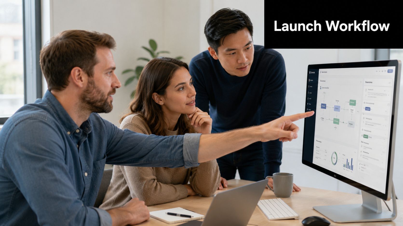 Three professional colleagues collaborating while looking at an automated workflow dashboard on a desktop computer screen.