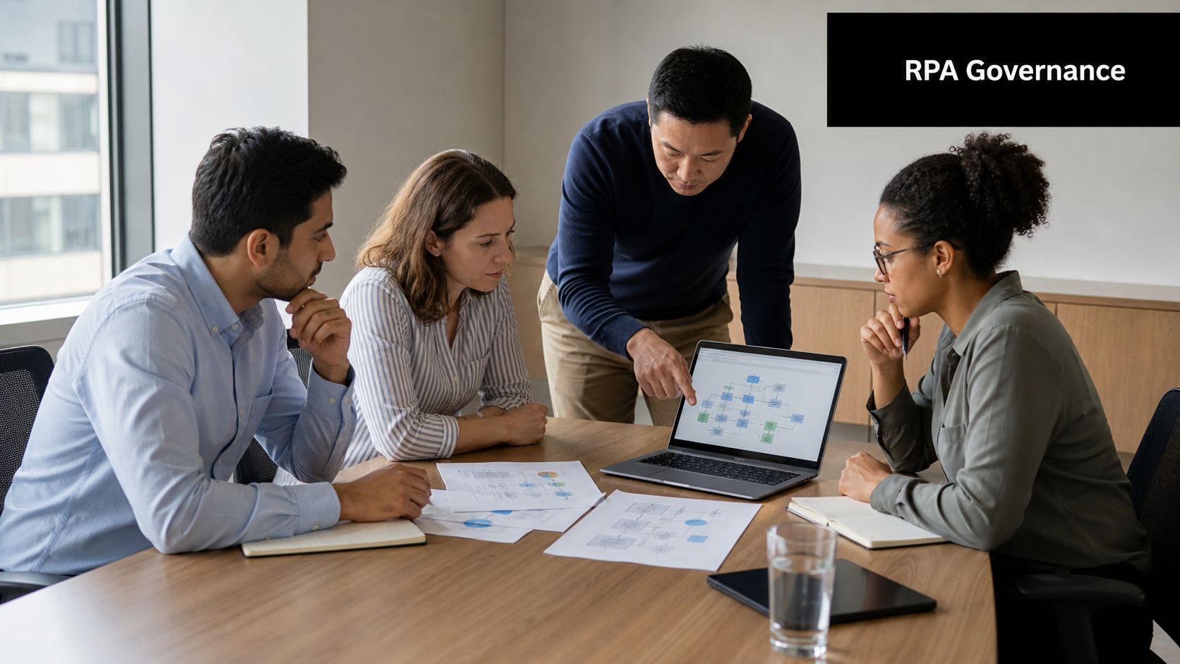 A diverse business team sitting around a wooden table collaborating on a digital workflow strategy.
