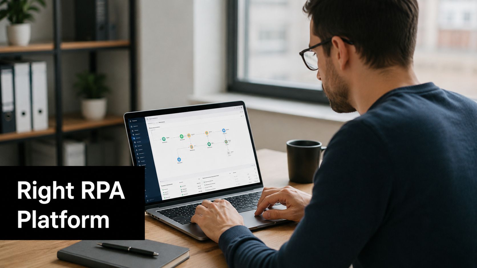 A professional man working on a laptop displaying RPA workflow automation software on his desk.