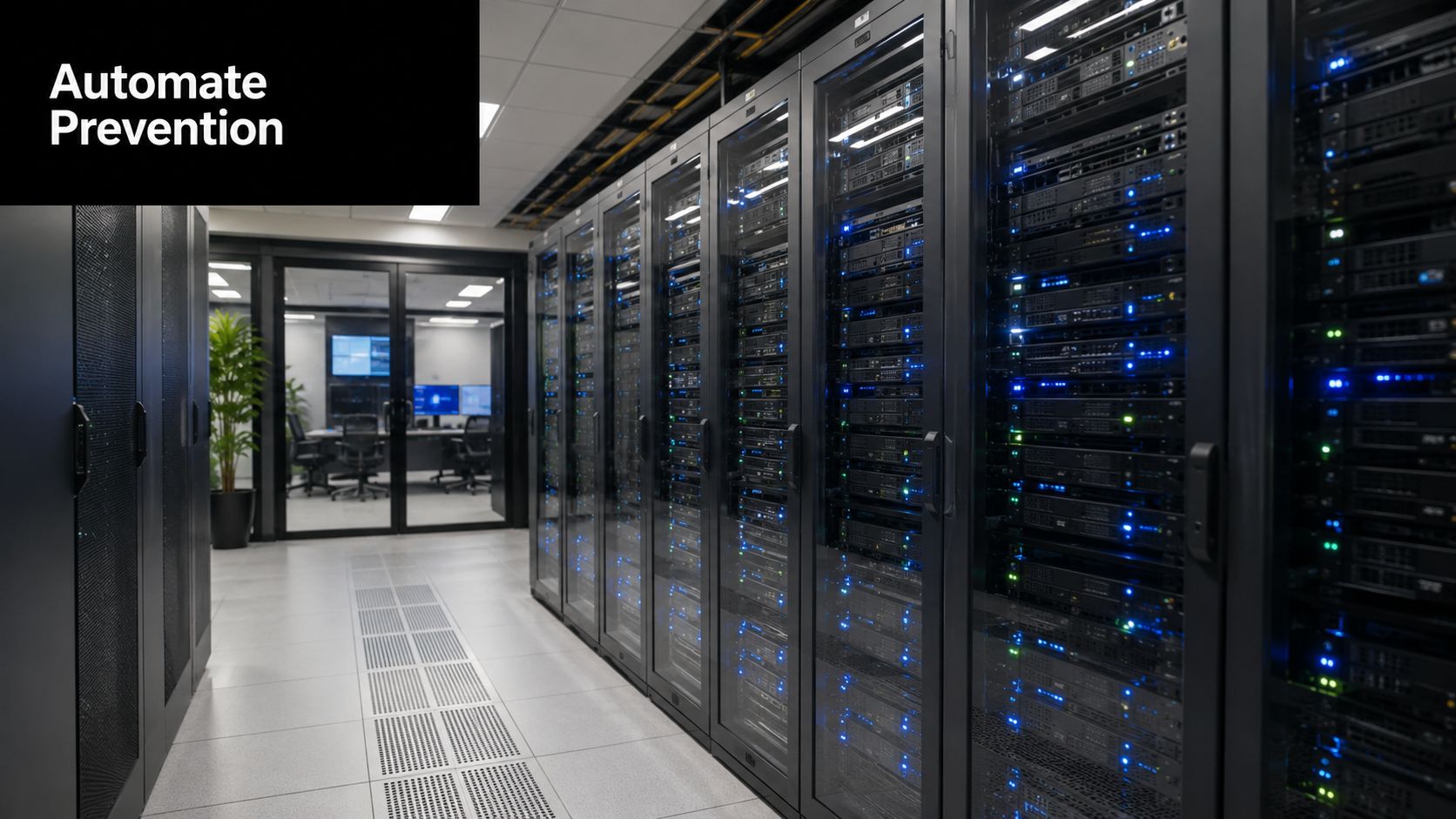 A modern server room with rows of racks containing high performance networking equipment and glowing server lights.