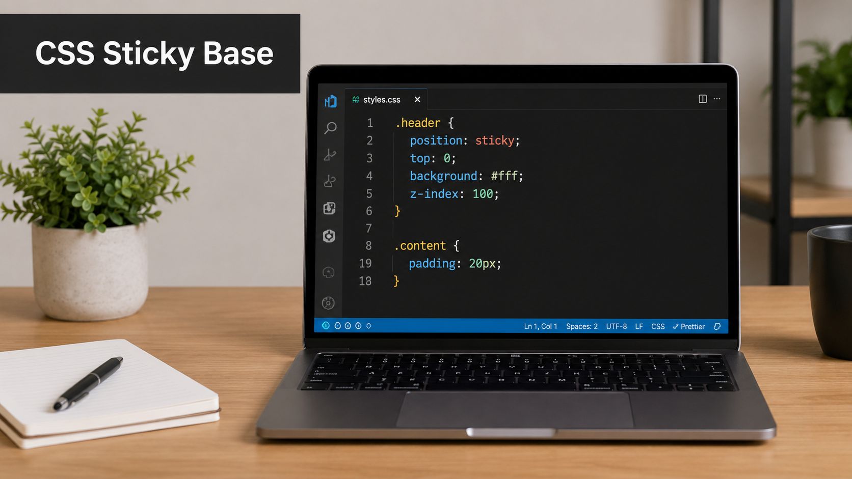 A modern laptop on a wooden desk displaying CSS code for a sticky header element.
