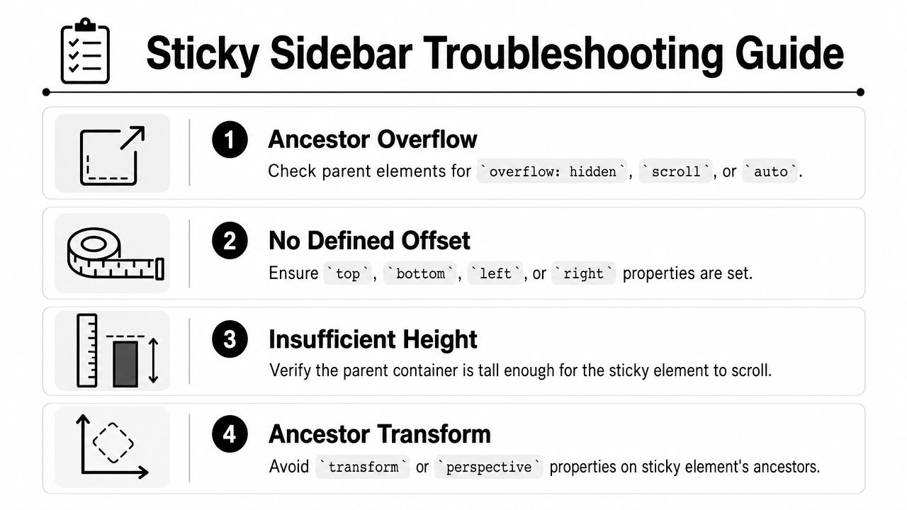 A troubleshooting guide showing four common reasons why a CSS sticky sidebar might fail to work properly.