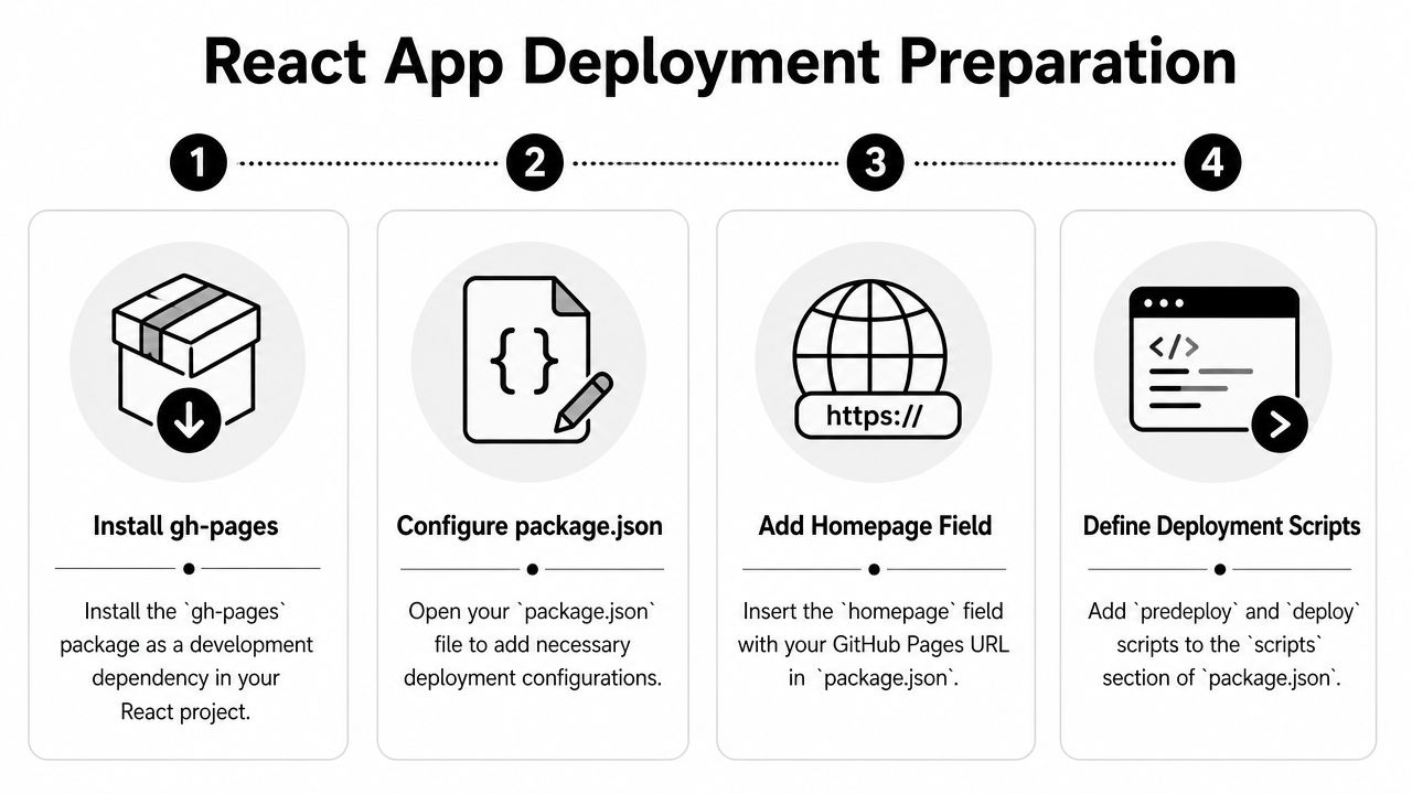 A four-step infographic illustrating the process of preparing a React application for deployment to GitHub Pages.