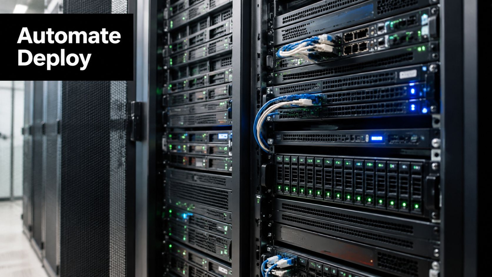 A modern server rack in a data center highlighting automated deployment infrastructure and professional hardware components.