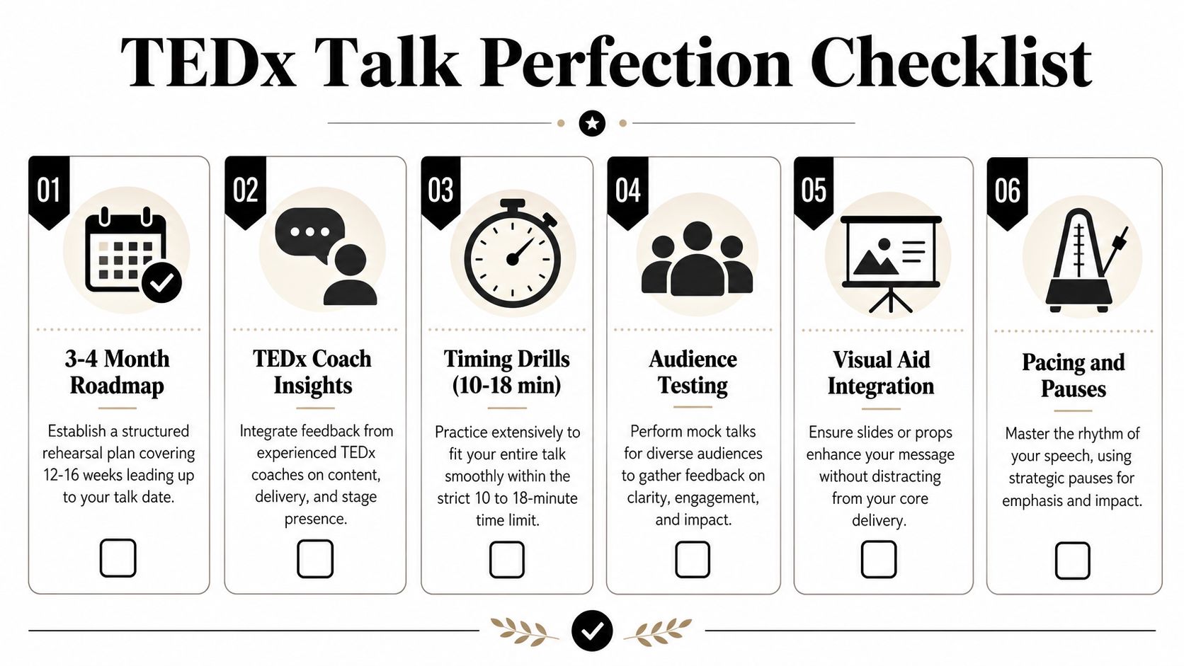 A six-step checklist titled TEDx Talk Perfection illustrating essential preparation steps for delivering a successful TEDx presentation.