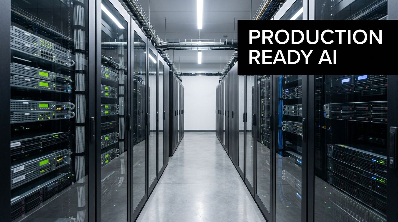 Rows of high-performance server racks in a modern data center with the text Production Ready AI overlay.