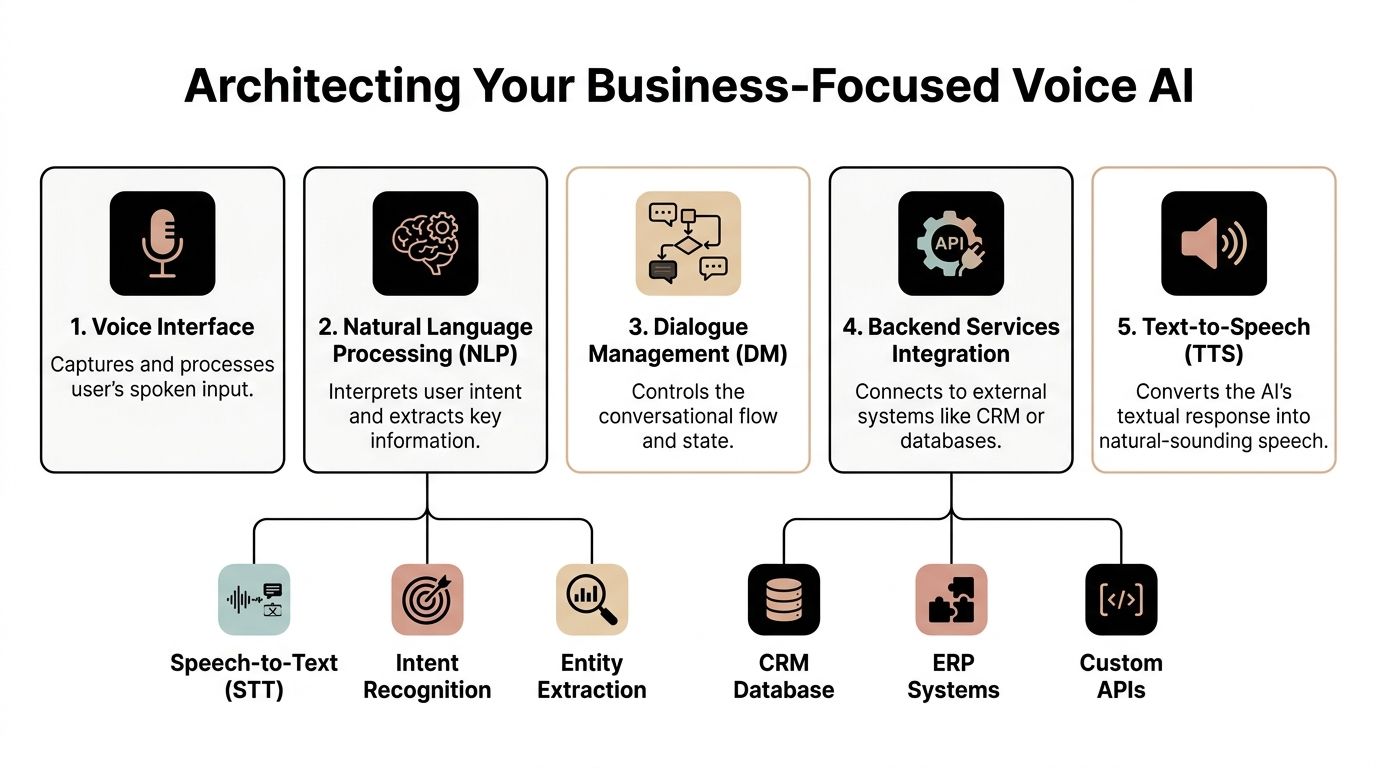 A diagram outlining the five key components for building a business-focused voice AI system architectural workflow.