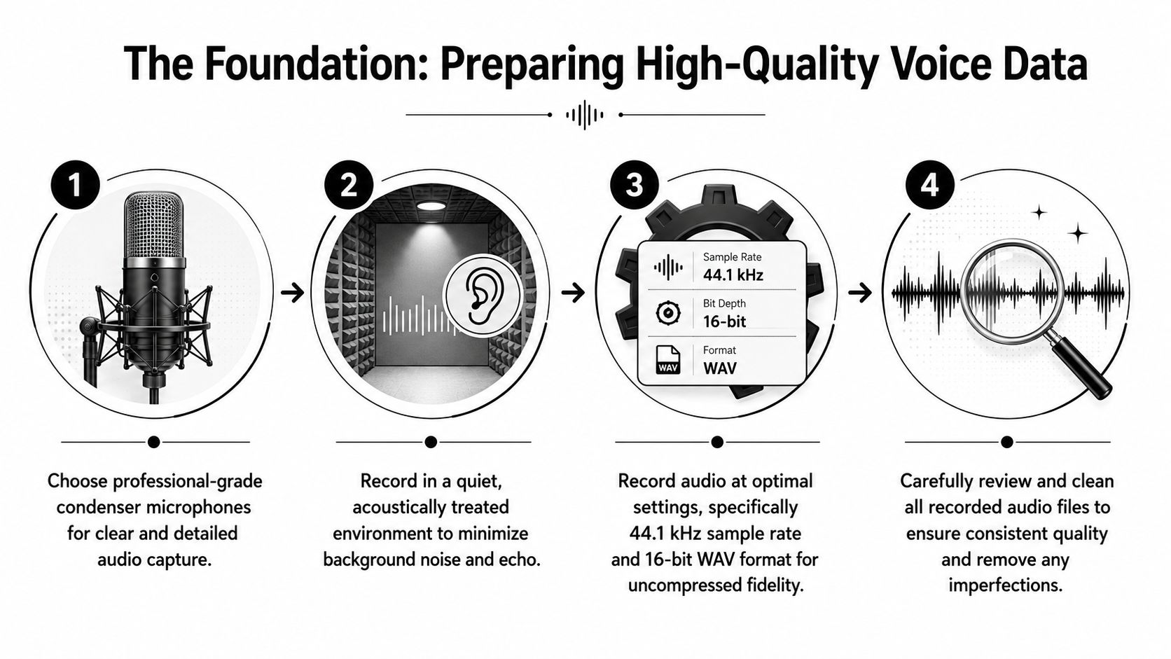 A four-step infographic illustrating the professional process for preparing high-quality voice data for AI applications.
