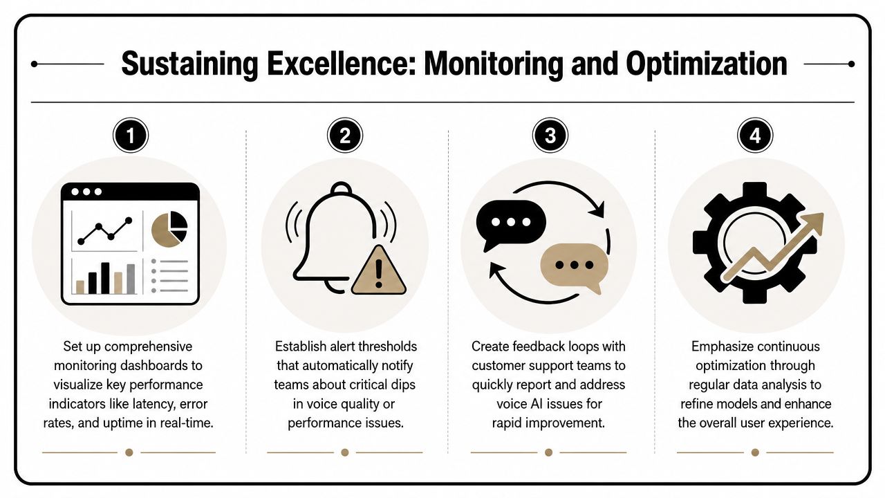 A four-step infographic showing how to monitor and optimize an AI voice system for better performance.