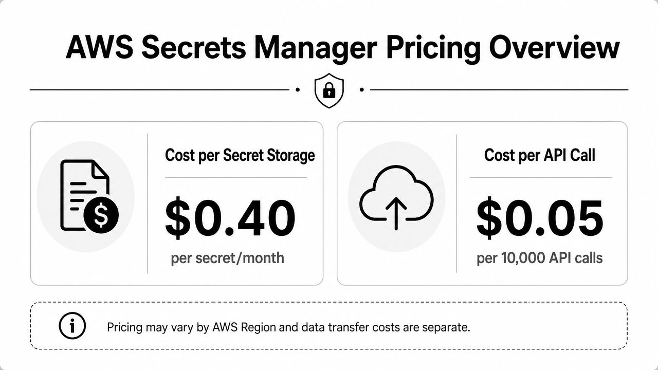 An infographic showing AWS Secrets Manager pricing, featuring costs for monthly secret storage and API requests.