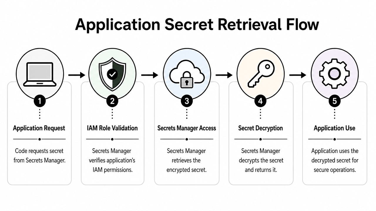 A five-step diagram showing the application secret retrieval flow for AWS Secrets Manager security authentication.