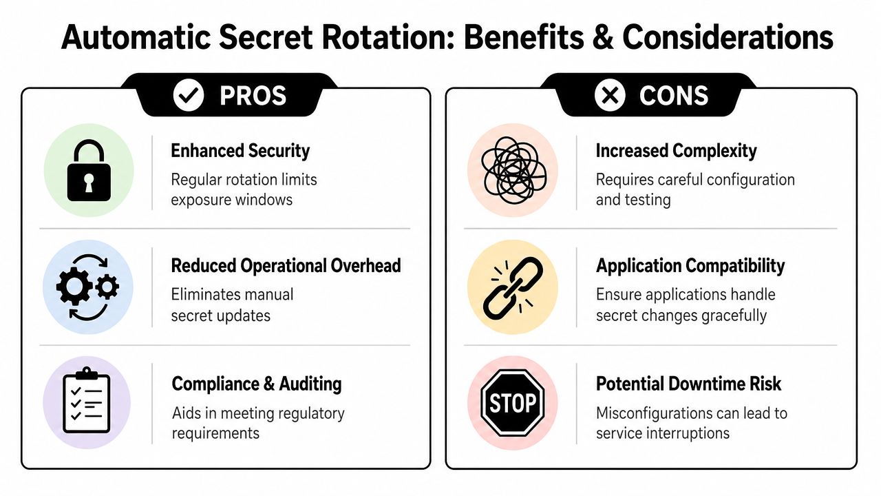 A comparison infographic detailing the pros and cons of implementing automatic secret rotation for security management.