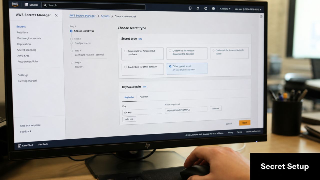 A person using a computer monitor to configure a new secret in the AWS Secrets Manager dashboard.