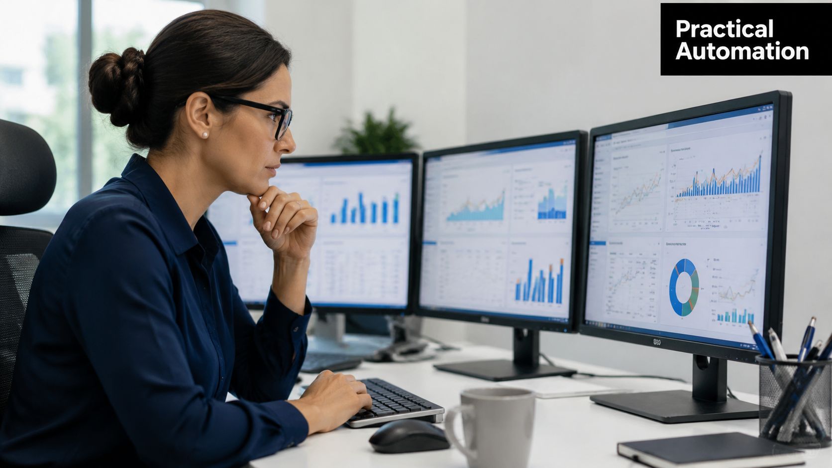 A professional woman analyzing complex data charts and financial metrics on multiple computer monitors in an office.