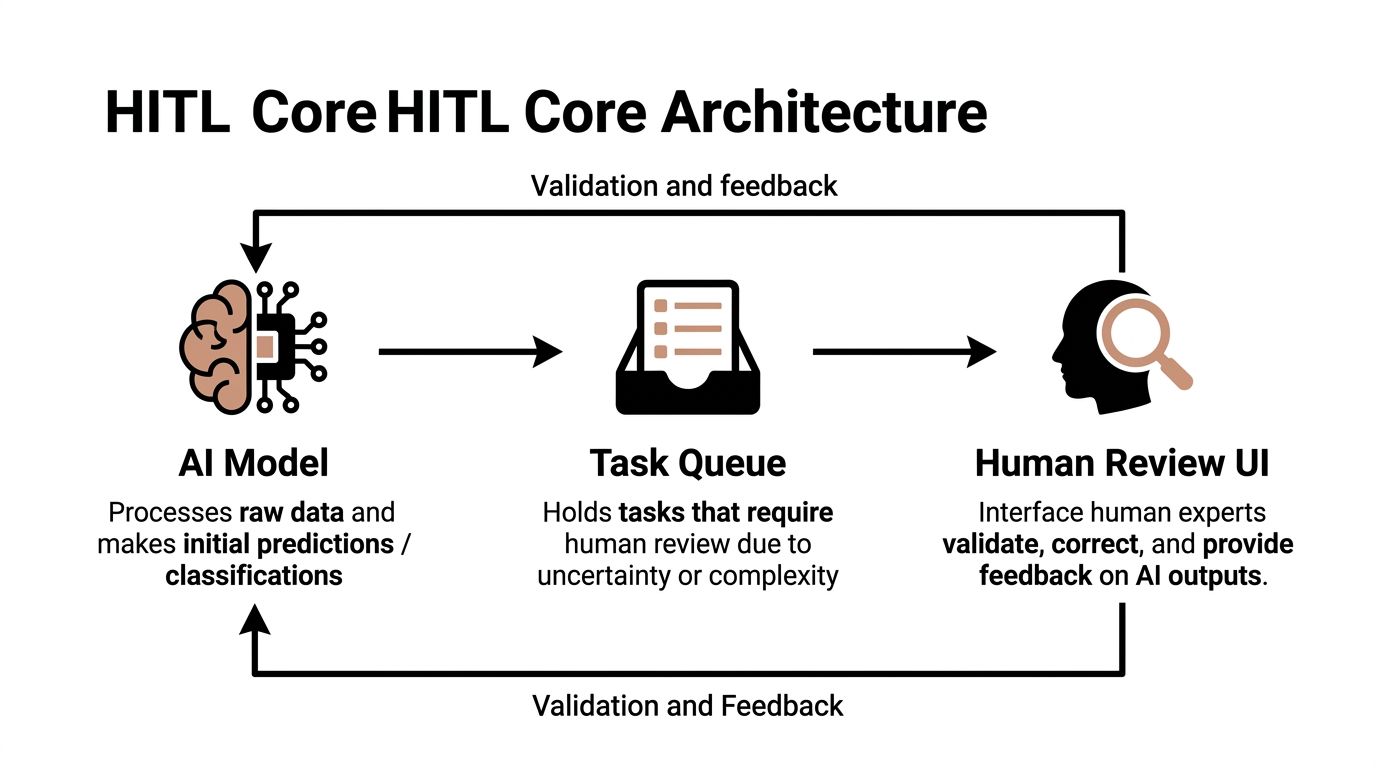 A diagram illustrating the Human-in-the-Loop architecture involving an AI model, a task queue, and human review.