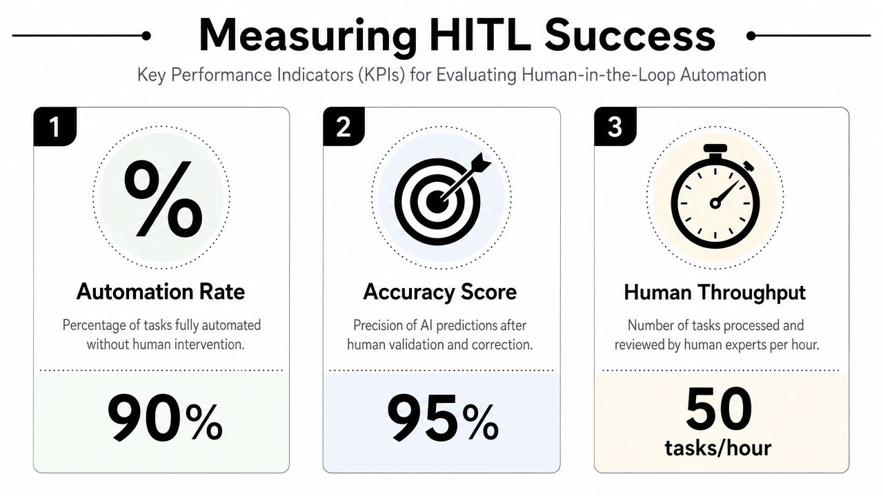 An infographic showing three key performance indicators for measuring human-in-the-loop automation success, including rate, accuracy, and throughput.