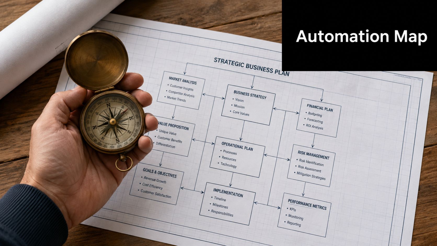 A hand holding a brass compass over a printed strategic business plan blueprint on wooden desk.