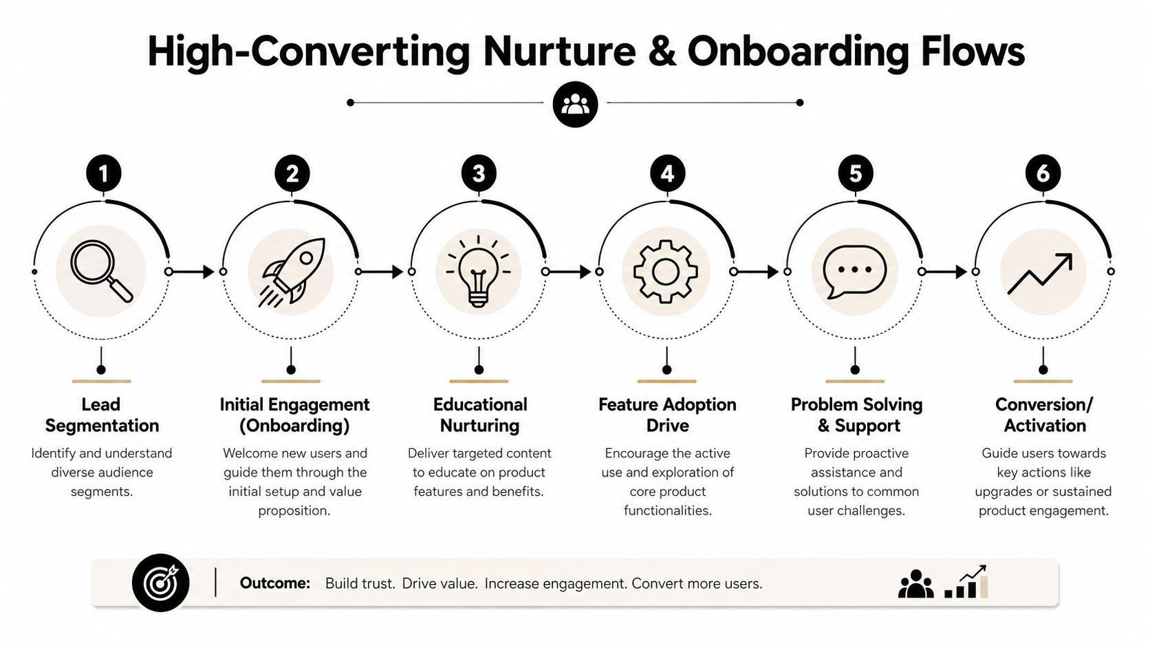 A flowchart showing six steps for high-converting marketing automation flows for SaaS onboarding and user nurturing.
