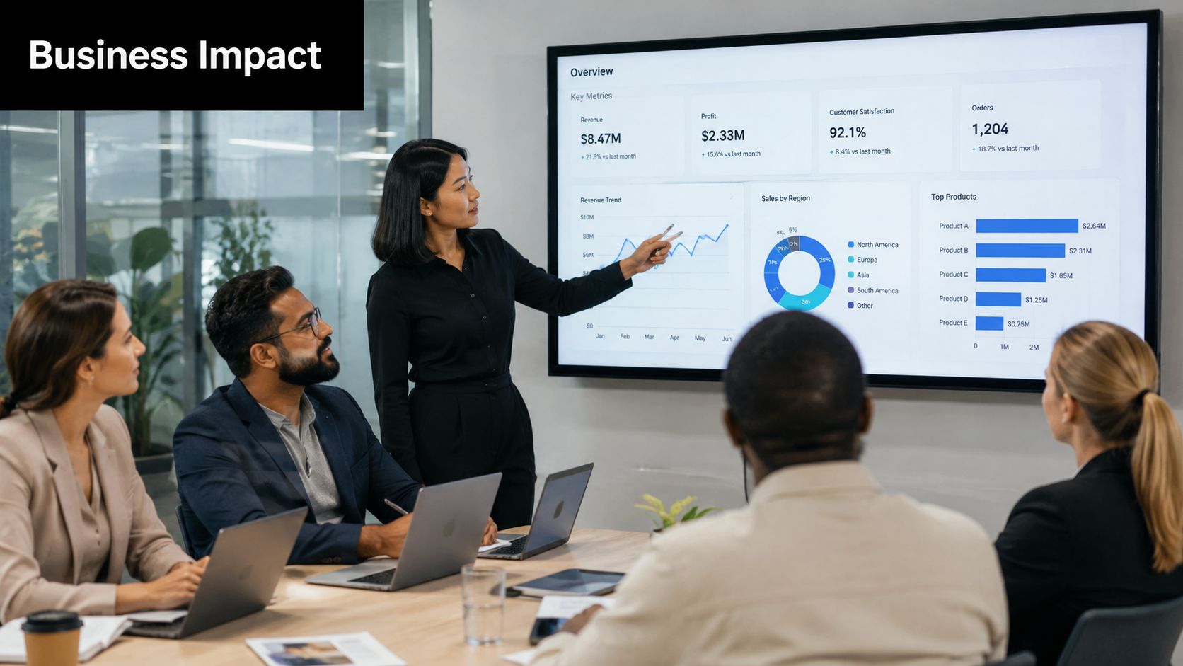 A professional team in a conference room reviewing business metrics displayed on a large screen.