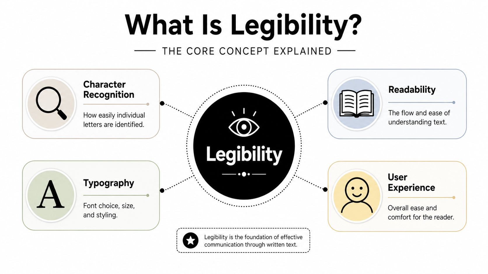 A diagram defining legibility by its core components: character recognition, typography, readability, and user experience.