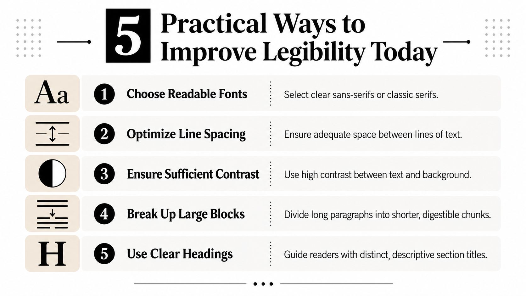 An infographic titled 5 Practical Ways to Improve Legibility Today featuring five clear tips for better typography.