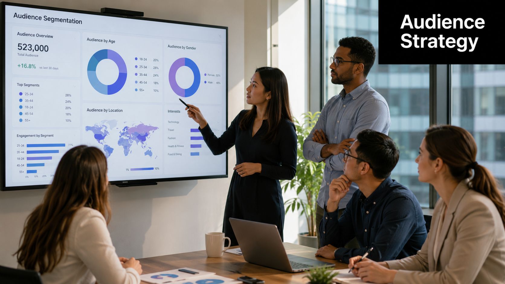 A professional business team collaborating during a presentation on audience strategy in a modern office boardroom.