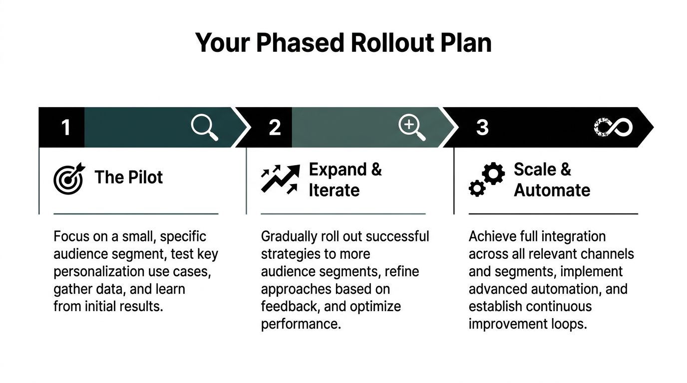 A three-step phased rollout plan infographic for implementing personalization strategies at scale in business.