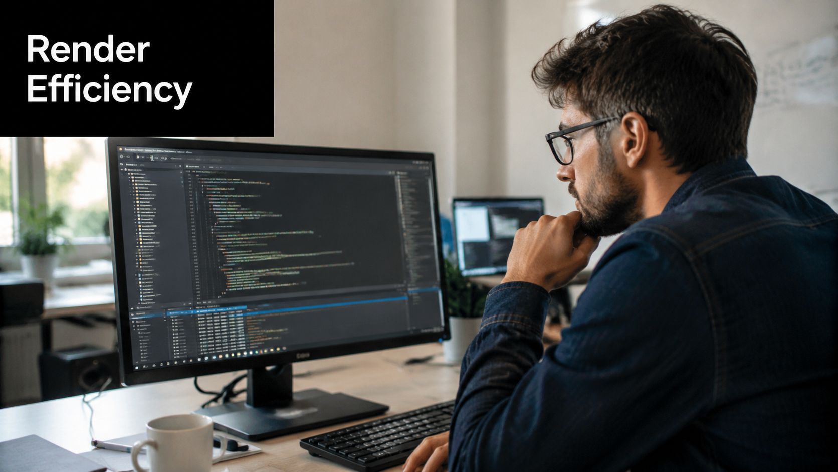 A focused developer working on code displayed on a desktop monitor in a modern home office.