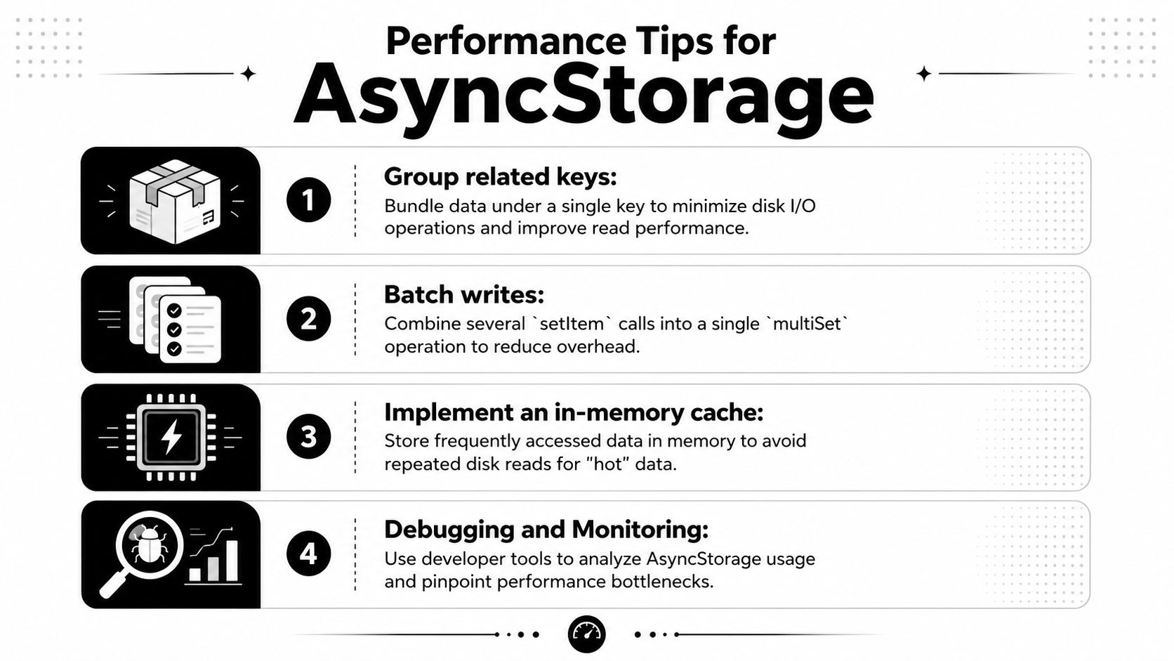 An infographic titled Performance Tips for AsyncStorage, listing four numbered recommendations for optimizing data storage efficiency.