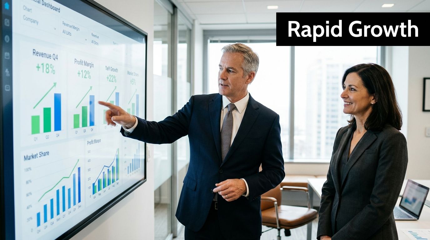 A professional man and woman discussing data and growth metrics on a digital office monitor screen.