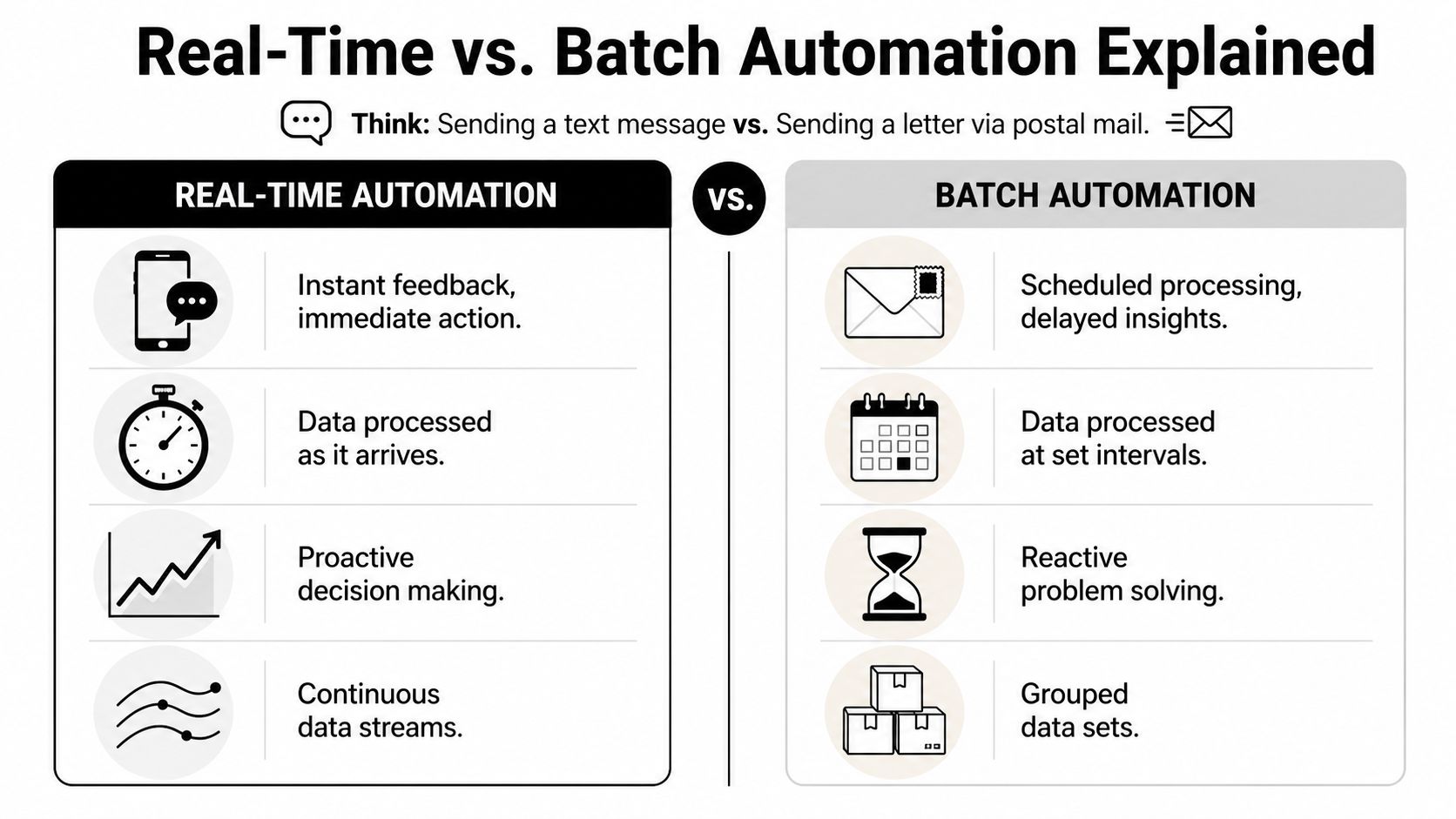 A comparison chart showing the differences between real-time automation and batch automation processing methods.