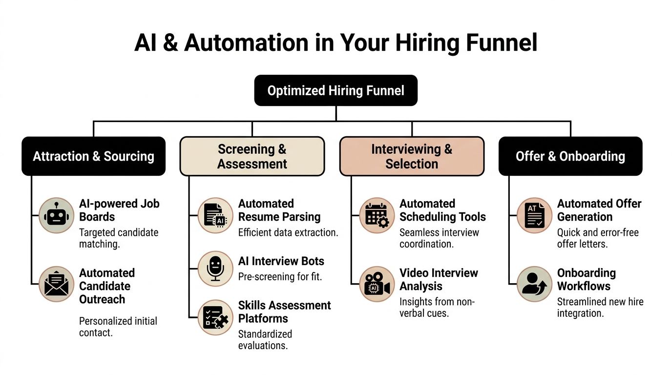 A flowchart showing how AI and automation optimize different stages of the modern hiring process.