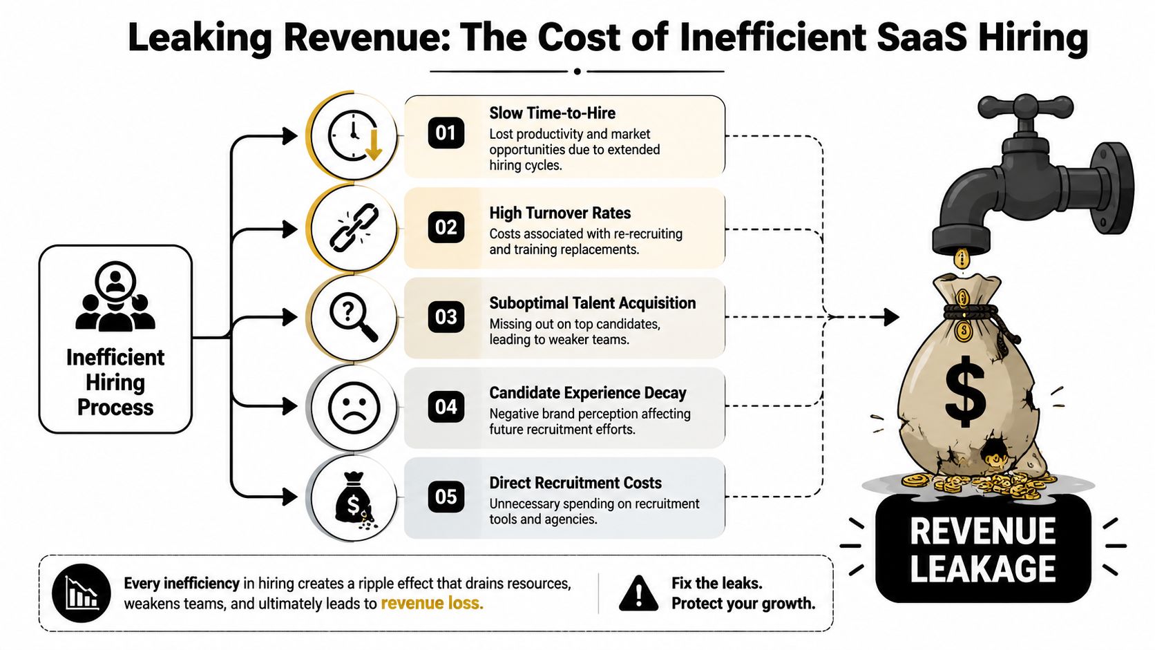 An infographic illustrating how an inefficient hiring process causes revenue leakage in SaaS companies through five key factors.