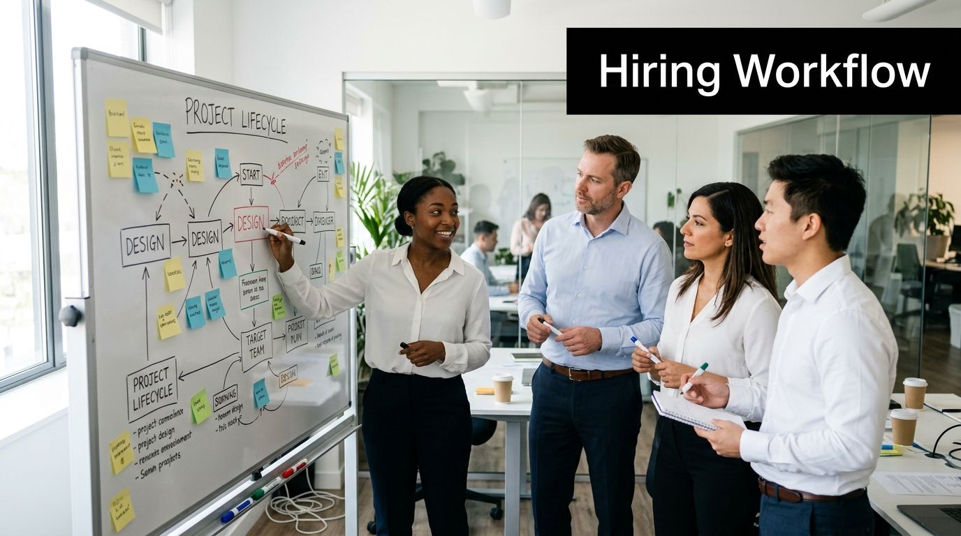 A diverse business team collaborating on a recruitment process strategy using a whiteboard diagram in an office.