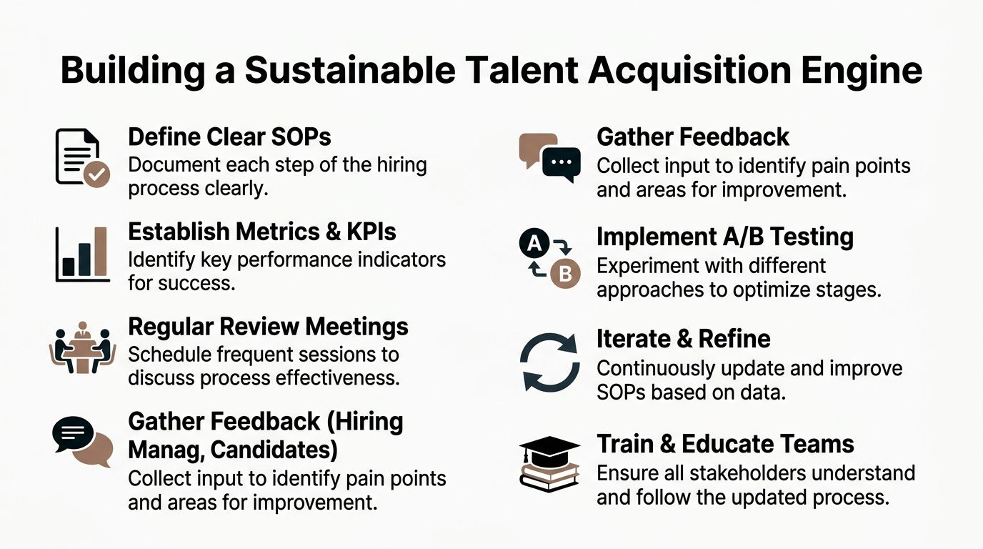 A diagram outlining eight key strategies for building a sustainable talent acquisition engine and recruitment process.