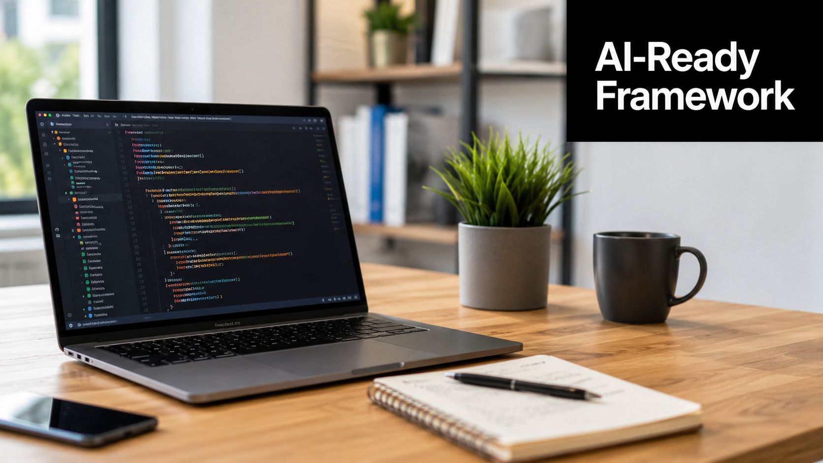 A sleek laptop displaying code on a wooden desk with a notebook, pen, and a plant.