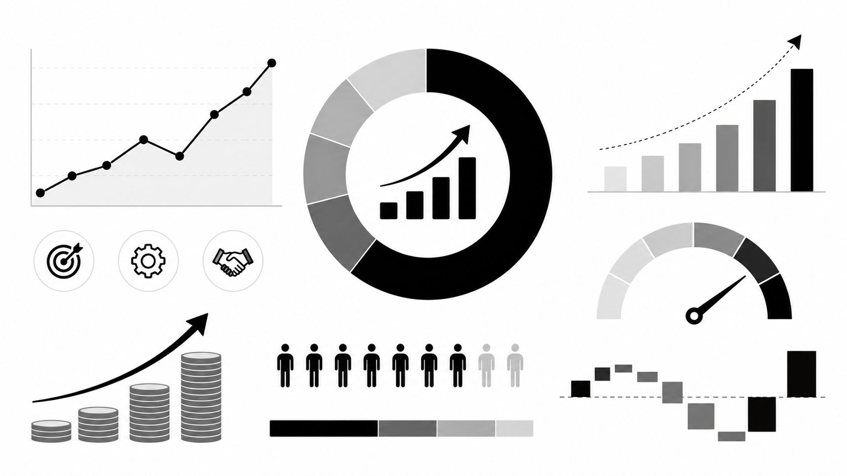 A set of various black and white business data infographics including charts, graphs, and icons.