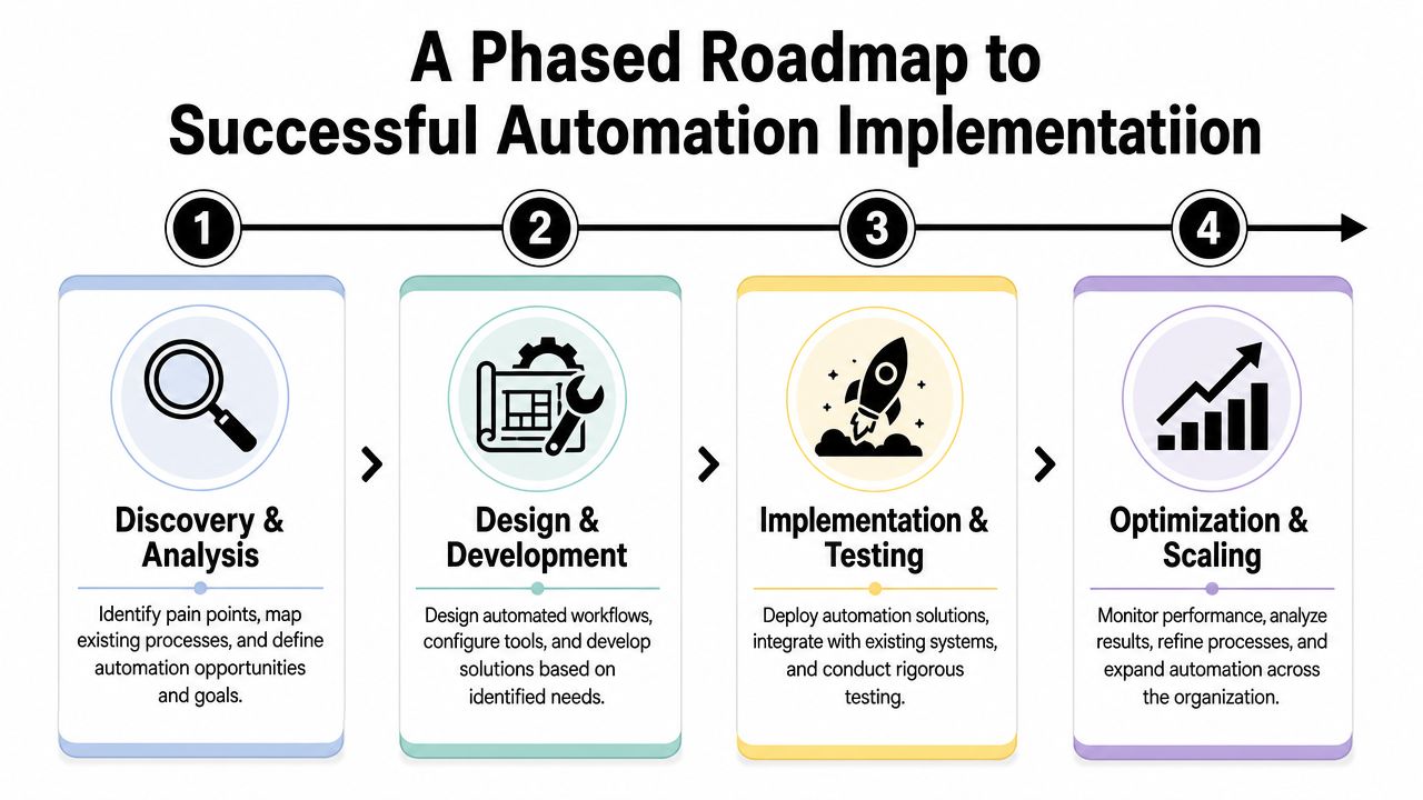 A four-step roadmap infographic illustrating the phased process for successful business automation implementation.