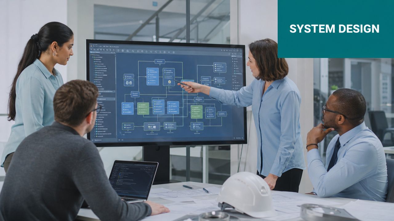 A diverse group of professionals collaborating on a software system design project in a modern office.