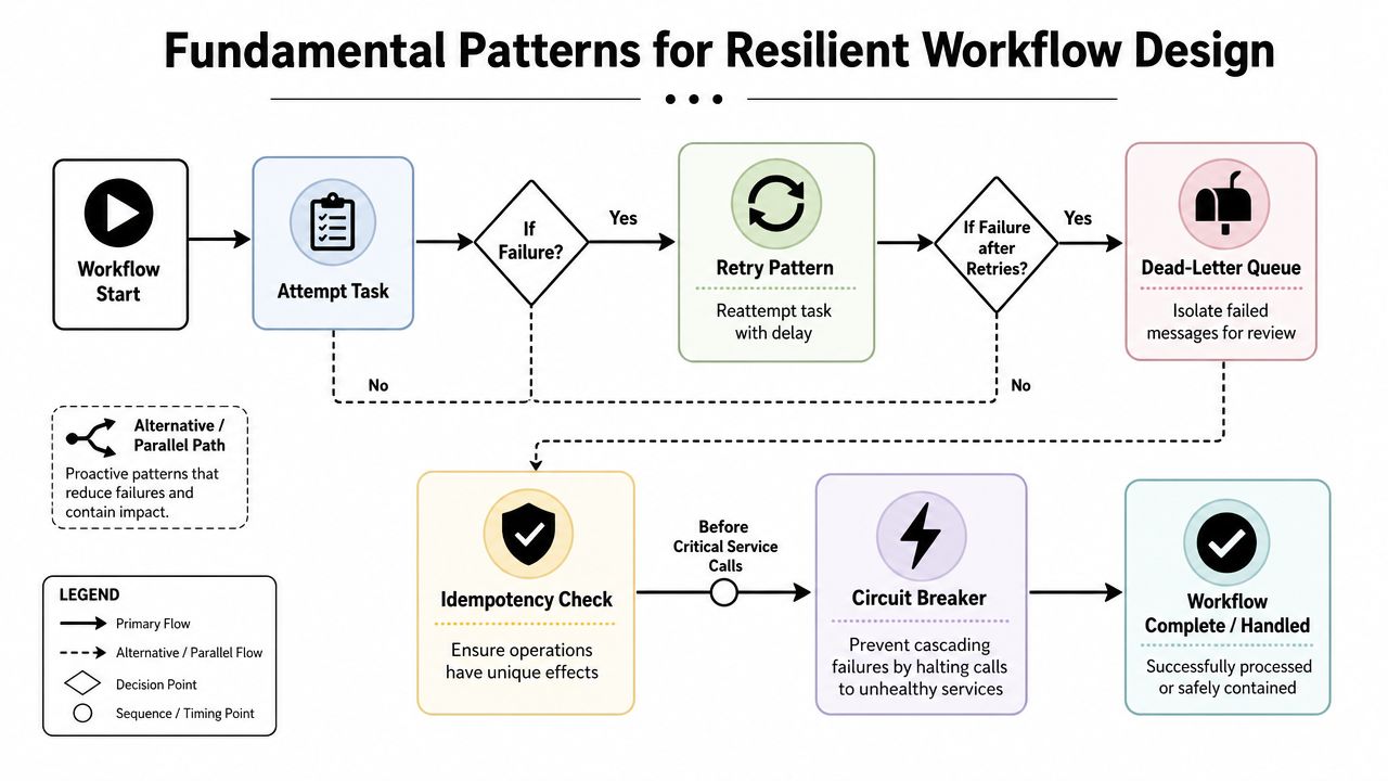 A diagram illustrating fundamental patterns for resilient workflow design including retries, dead-letter queues, idempotency checks, and circuit breakers.