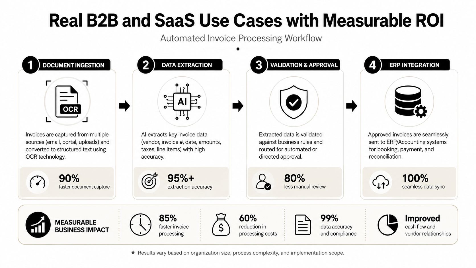 A diagram illustrating the four steps of an automated invoice processing workflow for B2B and SaaS businesses.