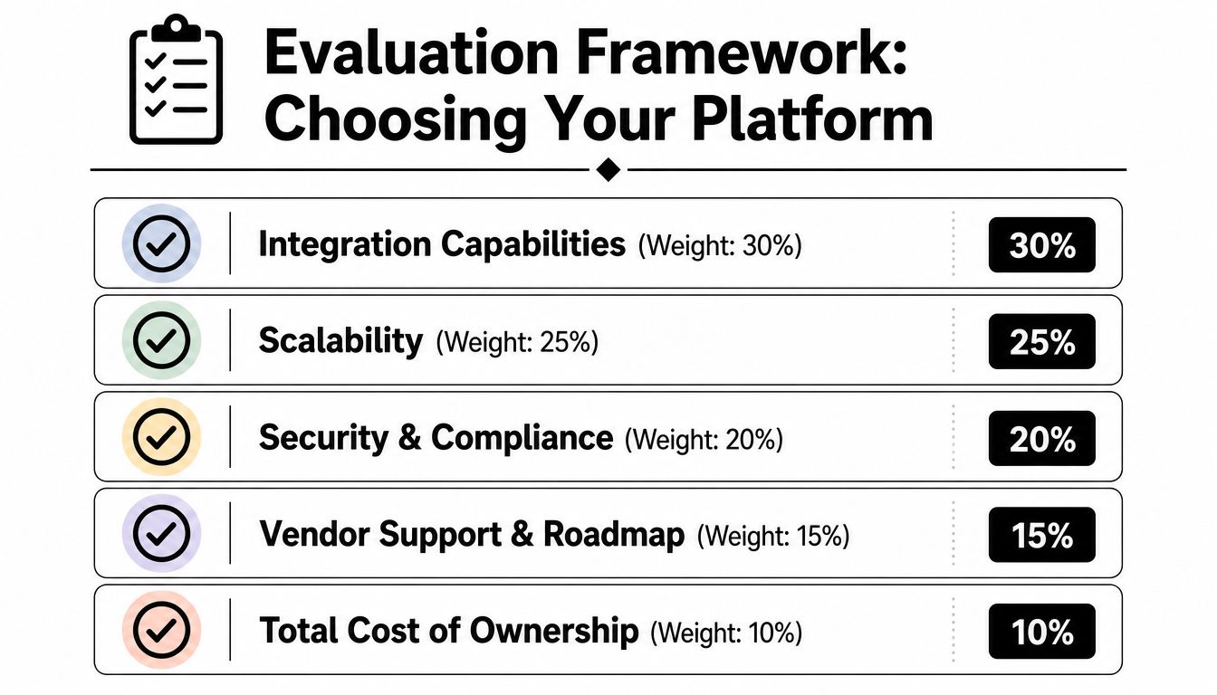 A structured evaluation framework infographic for selecting business platforms based on five weighted criteria.