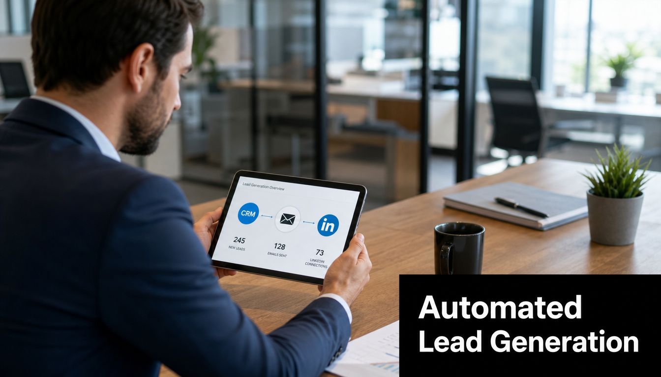 A professional man in a business suit holding a tablet displaying an automated lead generation workflow diagram.